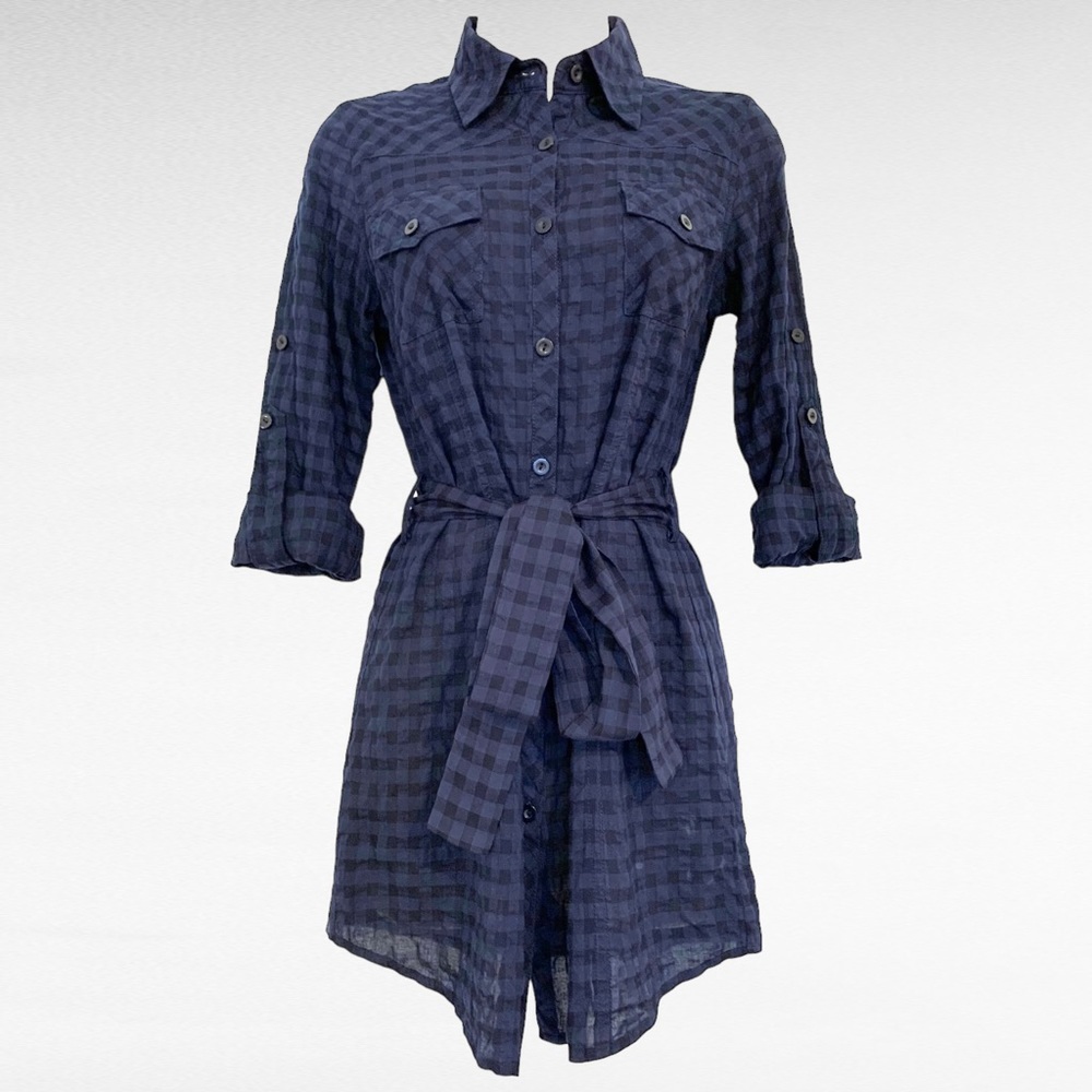 Solemio | NWOT Shirt Dress Tunic Blouse Tie Waist Blue-Black Checkered  S